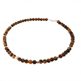 Collier Oeil tigre 6mm Argent Ce collier est composé boules 6mm Oeil tigre, 6 perles facettées Argent 4mm diamètre d un pe...