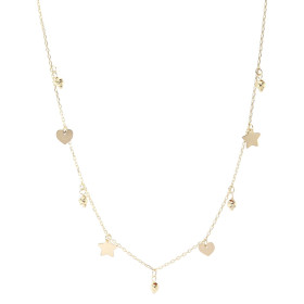 Collier or jaune 375 composé d une maille forçat 1mm large, 5 breloques perles ciselées, 2 breloques étoiles, 2 breloques ...