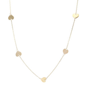 Collier or jaune 375 composé d une maille forçat 1mm large 5 motifs coeurs 7x6mm Système d attache : mousqueton Longueur :...