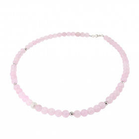 Collier Quartz Rose 6mm et Argent. Ce collier est composé de boules de 6mm en Quartz Rose, de 6 perles facettées en Argent...