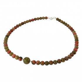 Collier Unakite 6-10mm Argent Ce collier est composé boules 6mm Unakite, 2 perles facettées Argent 4mm diamètre d une perl...