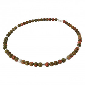 Collier Unakite 6mm et Argent. Ce collier est composé de boules de 6mm en Unakite, de 6 perles facettées en Argent de 4mm ...