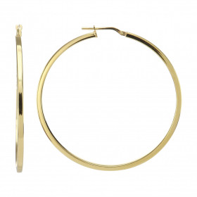 Créoles argent doré forme cercle 55 mm diamètre Section carrée 2mm large Système d attache : tige montée sur une charnière