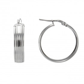 Créoles argent rhodié forme cercle rainuré 24mm diamètre Section 6mm large Système d attache : tige montée sur une charnière