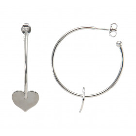 Créoles argent rhodié forme ronde un diamètre 36mm possedant un petit coeur pendant 12x15mm Section ronde 1,5mm Système d ...