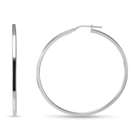 Créoles argent rhodié une section carrée 2mm large Système d attache : charnière Diamètre extérieur : 50x50mm