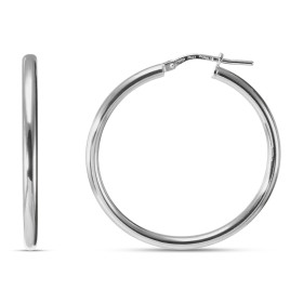 Créoles argent rhodié une section ronde 2,5mm large Système d attache : charnière Diamètre extérieur : 35x35mm