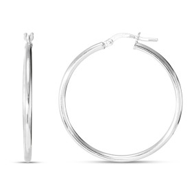 Créoles argent rhodié une section ronde 2mm large Système d attache : charnière Diamètre extérieur : 34x36mm
