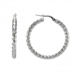 Créoles argent rhodié forme cercle torsadé texturé 32mm diamètre Section ronde 3mm large Système d attache : tige montée s...
