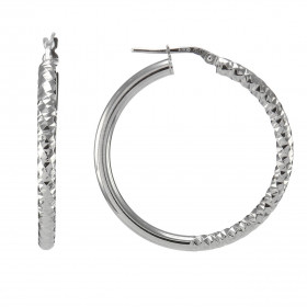 Créoles argent rhodié forme cercle 37mm diamètre partie avant texturée partie arrière lisse Section ronde 3mm large Systèm...