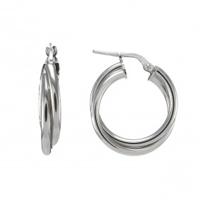 Créoles argent rhodié composées 2 anneaux entrelacés 20mm diamètre Section ronde 2,5mm large Dimension : 21x25mm Système d...