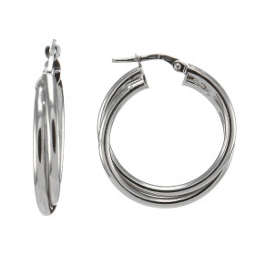 Créoles argent rhodié composées 2 anneaux entrelacés 20mm diamètre Section ronde 2mm large Dimension : 26x28mm Système d a...