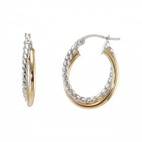 Créoles ovales fantaisies 2 ors 375 composé d'un anneau lisse et un anneau torsadé. Système d'attache : charnière. Dimensi...