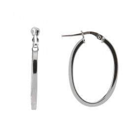 Créoles argent rhodié forme ovale Section carrée 2mm large Longueur : 29mm Système d attache : tige montée sur une charnière