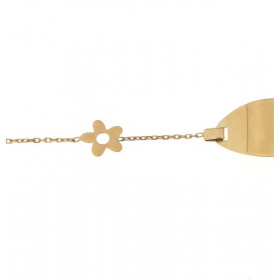 Gourmette bébé Or jaune 750 Maille forcat fine 4 fleurs Largeur maille : ,5mm Plaque ovale 1,5cm long par 9mm large. Longu...