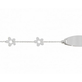 Gourmette bébé maille forcat fleurs Or Blanc 750 Largeur maille : 0,8mm.Longueur : 14cm, Anneau intermédiaire à 12,5 cm