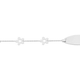 Gourmette bébé maille forcat et fleurs en Or Blanc 375. Largeur de la maille : 0,8mm. Longueur : 14cm, Anneau intermédiair...