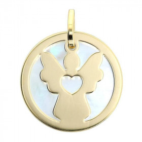  Médaille ange Or jaune 750 sur un Fond Nacre Diamètre : 15mm 