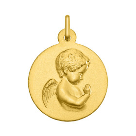 Médaille Ange prière Or Jaune 375 (16mm) Médaille ronde 16mm diamètre Effet satiné sur les deux faces