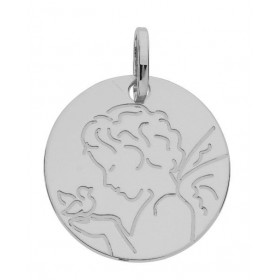 Médaile Ange et oiseau en Or Blanc 375. Ange et Oiseau de profils sur la face avant. Dimensions du pendentif bélière inclu...