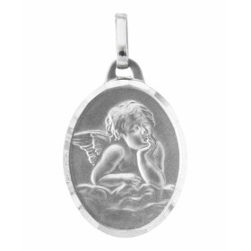 Médaille Ange Or Blanc 750/1000. Plaque ovale 17x13mm. Effet satiné sur les deux faces. Le contour plaque est brillant.