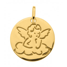 Médaille Ange sur un Nuage en or jaune 750 (16mm). Jolie médaille moderne ronde en or jaune 750/1000 (18 carats) avec l&#3...