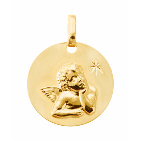  Médaille Ange Or Jaune 750/1000. Plaque ronde 16mm diamètre Ange relief sur face avant effet mat sur les deux faces 