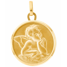 Médaille ange en Or 750.. Effet satiné sur les deux faces, la bordure est polie (brillante).. Diamètre : 18mm.