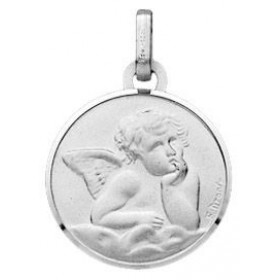 Médaille Ange Or Blanc 750/1000. Plaque ronde 15mm diamètre Ange relief sur face avant. Effet satiné sur les deux faces. L...