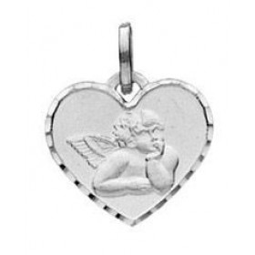 Médaille Ange en Or Blanc 750/1000.. Plaque en forme de coeur - Dimension :12x13mm. L'ange est en relief sur la plaque.. E...