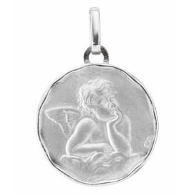 Médaille Or Blanc 750/1000 motif Ange. Effet satiné sur les deux faces. Diamètre médaille : 17mm.