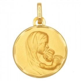 Médaille vierge & enfant Or Jaune 750/1000. Plaque ronde 15mm diamètre. Effet satiné sur les deux  faces. 