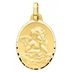 Médaille Ange en Or jaune 750/1000. Plaque ovale 17x13mm.Effet satiné sur les deux faces.. Le contour de la plaque est dia...