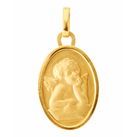 Médaille Ange Or jaune 750/1000. Plaque ovale 16x12mm. Effet satiné sur les deux faces. Le contour plaque est brillant.