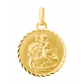 Médaille Saint Christophe en Or jaune 375/1000.. Plaque ronde de 15mm. Dimensions (bélière incluse) : 22x15mm. Effet satin...