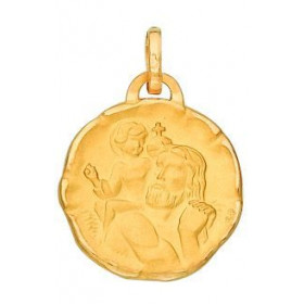Médaille Saint Christophe et Enfant en Or jaune 750/1000.. Plaque ronde diamètre 17mm.. Effet satiné sur les deux faces, b...
