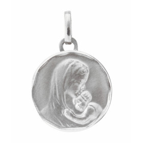 M&eacute;daille Vierge &agrave; l'enfant en Or Blanc 750. Plaque ronde de 16mm de diam&egrave;tre.. Effet satin&eacute; su...