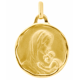  Médaille Vierge Or Jaune 750/1000. Plaque ronde 18mm diamètre Effet satiné sur les deux faces 