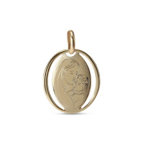 Médaille Vierge à l'enfant en or jaune. La vierge et l'enfant sont en finition brillante, la partie autour est satinée. Di...