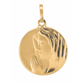Médaille Vierge prière Or jaune 750/1000 Plaque ronde 16mm diamètre.