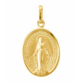 M&eacute;daille vierge miraculeuse en Or Jaune 750/1000.. Plaque ovale de 16x12mm, hauteur totale du pendentif : 24mm.. Ce...