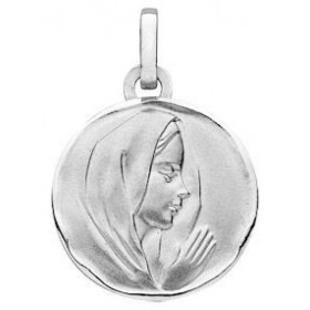 Médaille Vierge en Or Blanc 750/1000.. Plaque ronde de 15mm de diamètre. Vierge en relief sur la face avant.. Effet satiné...