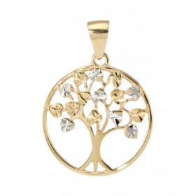 Pendentif 2 ors un arbre vie dans un cercle 19mm diamètre Effet ciselé sur les feuilles Dimensions : 19x26mm 