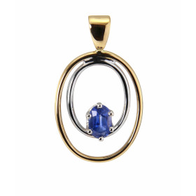 Pendentif 2 Ors serti d&#39;un Saphir ovale de 6x4mm (0,6 carat). Dimensions du pendentif : 27 x 15 mm. Poids Saphir : 0.6...