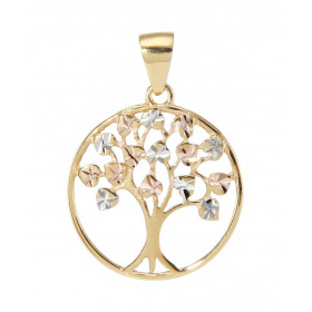 Pendentif 3 ors avec un arbre de vie dans un cercle de 19mm de diamètre. Effet ciselé sur les feuilles. Dimensions : 19x26mm