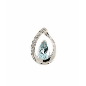 Pendentif Aigue marine Diamant Or Blanc 375 La pierre centrale est taillée forme poire mesure 6x4mm Elle est maintenue sur...
