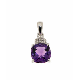 Pendentif Améthyste Diamant Or Blanc 375 Améthyste taille coussin 7x7mm Un petit diamant est serti au dessus l Améthyste p...