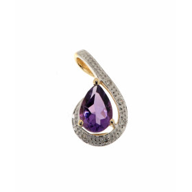 Pendentif Améthyste Diamant Or Jaune 375 La pierre centrale est taillée forme poire mesure 6x4mm Elle est maintenue sur ce...