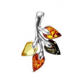 Pendentif Argent Ambre Multicolore en forme de branche. Des ambres de 8x5mm représentent les feuilles. Ambre multicolore. ...