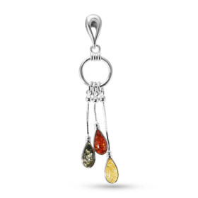 Pendentif argent 925 composé 3 ambres Multicolores (cognac, verte jaune) forme poire 4x7,7mm Chaîne maille serpent 0,9mm l...